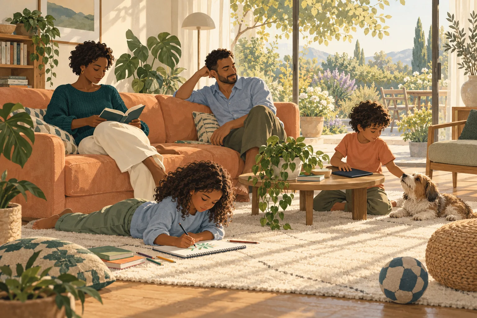 A family reading, drawing and spending time with their dog in a sunlit living room.