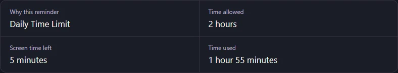 Windows reminder details: 5 minutes left of a 2-hour daily limit.