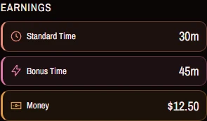 Earned balances for Standard time, Bonus time and Money.