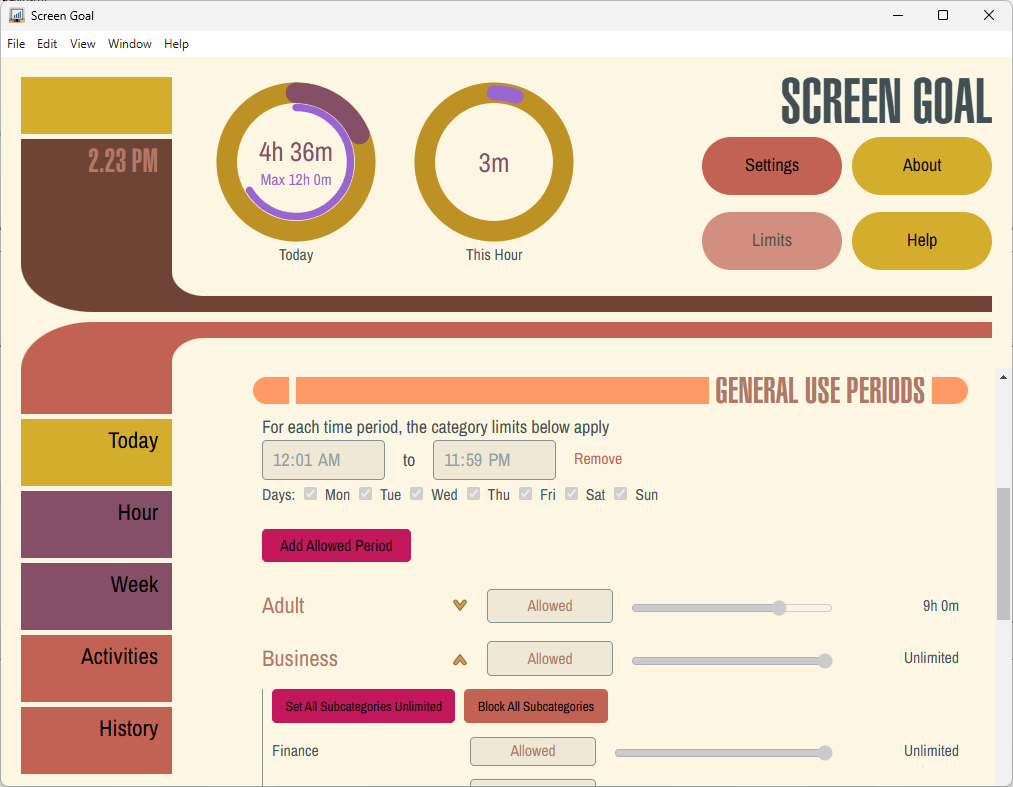 Creating category limits and use periods